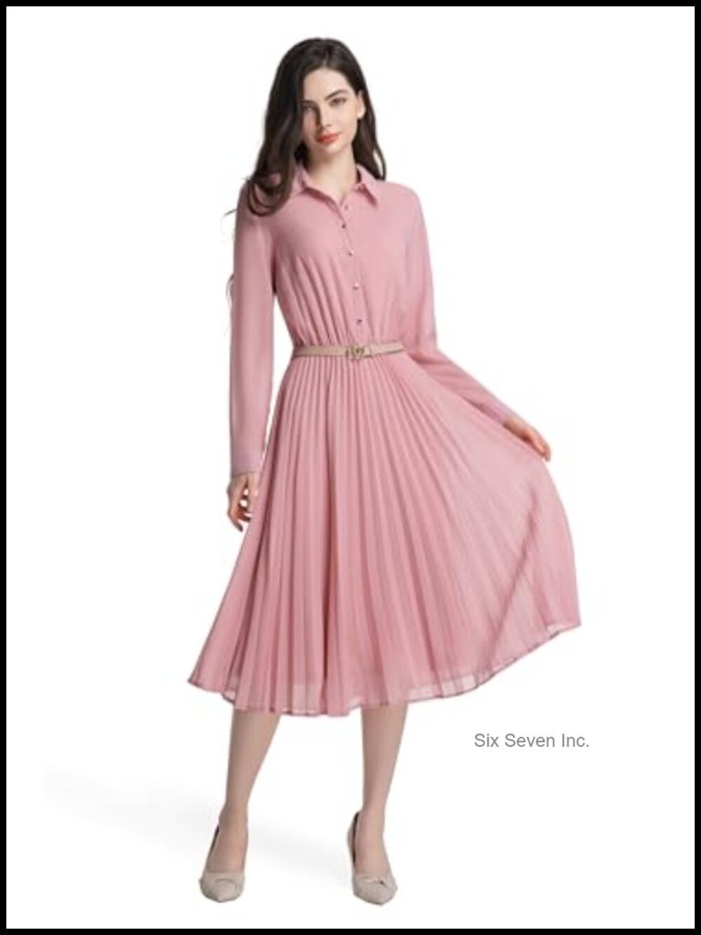 Women's Long Sleeve Midi Shirt Dress with Belt Business Casual